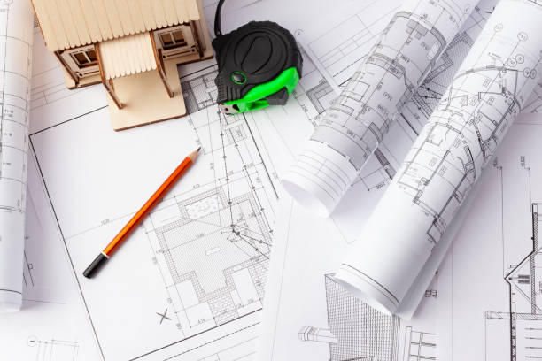 designing a wooden private house turnkey. Copy space.