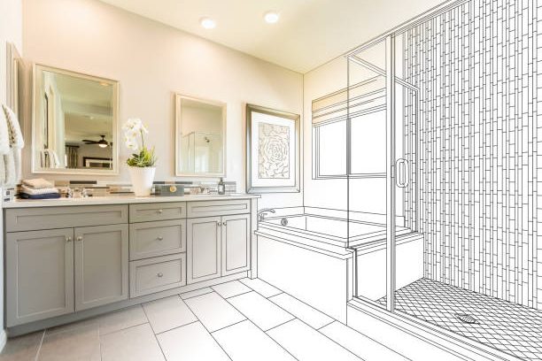 Custom Master Bahroom Design Drawing with Cross Section of Finished Photo.